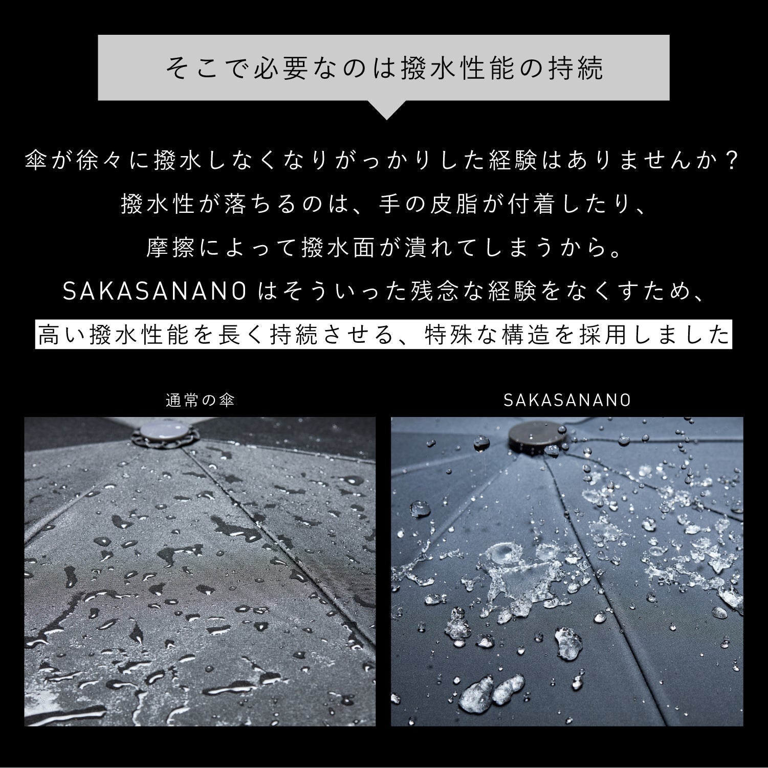 最強の撥水傘 SAKASANANO｜最高等級の撥水性を、逆さ構造と張り替え